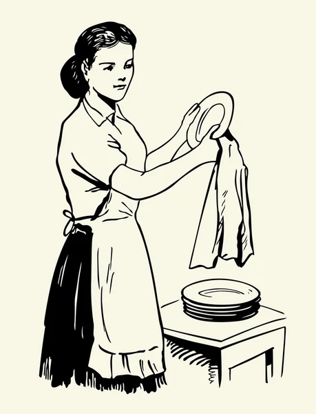 Mulher secando pratos —  Vetores de Stock