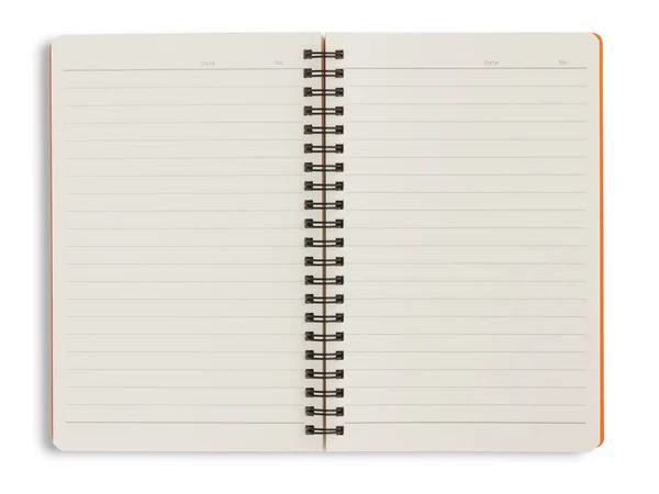 Prázdné oranžové notebook na bílém pozadí s ořezovou cestou — Stock fotografie