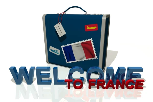 Üdvözöljük Franciaország utazási bőrönd — Stock Fotó