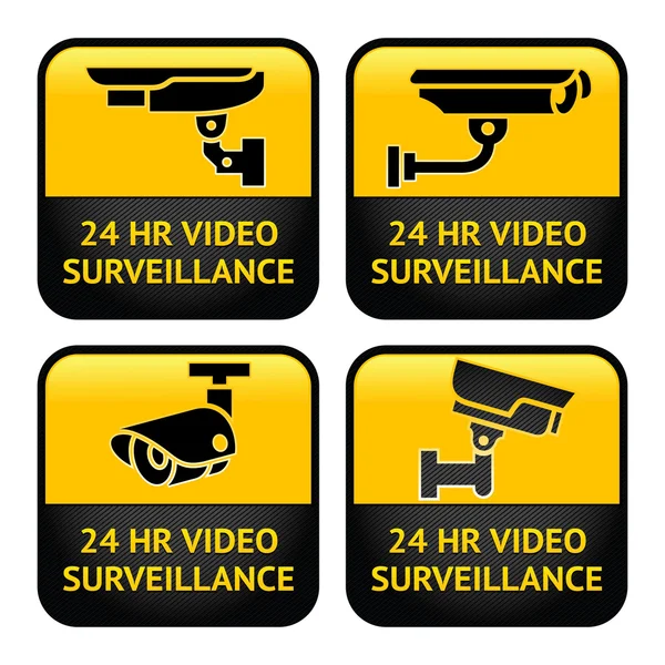 Etiquetas de la cámara de seguridad, videovigilancia, conjunto de símbolos de CCTV — Vector de stock