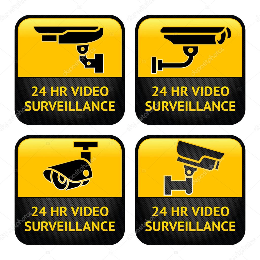 Security camera labels, video surveillance, set CCTV symbol