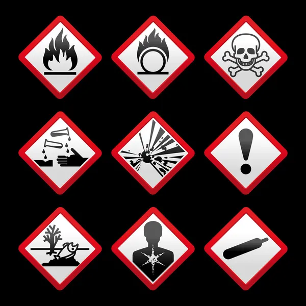 New safety symbols Hazard signs Black background — Stock Vector