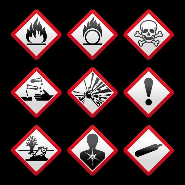 New safety symbols Hazard signs Black background