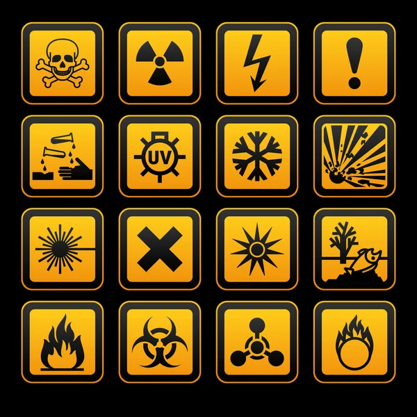 Symboles de danger signes de vecteurs orange, sur fond noir — Image vectorielle
