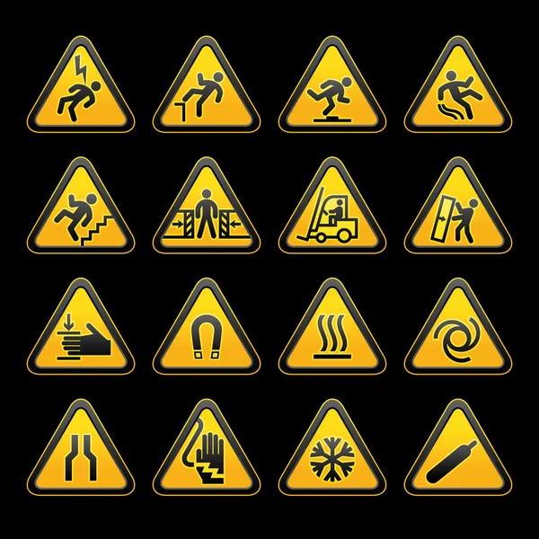 Set simple triangular warning symbols Hazard Signs — Stock Vector