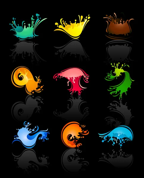 Spritzfarben Wellen und Wasser mit Reflexion auf schwarzem Hintergrund — Stockvektor