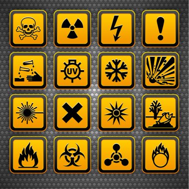 Hazard symbols orange vectors sign, on metal surface clipart