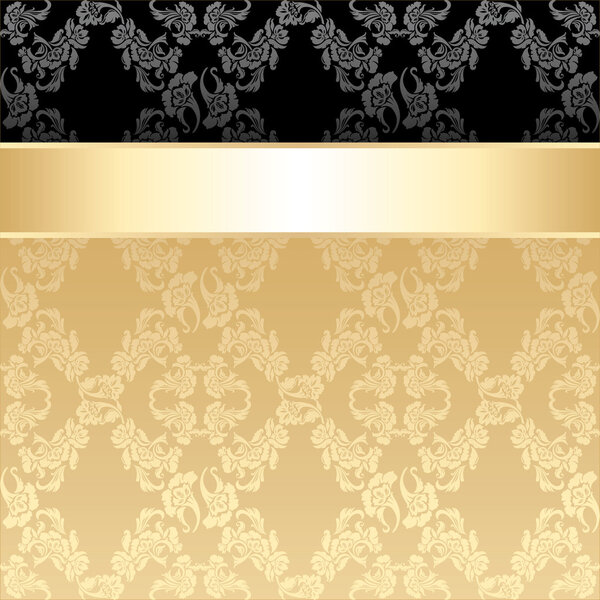 Seamless pattern, floral decorative background, gold ribbon