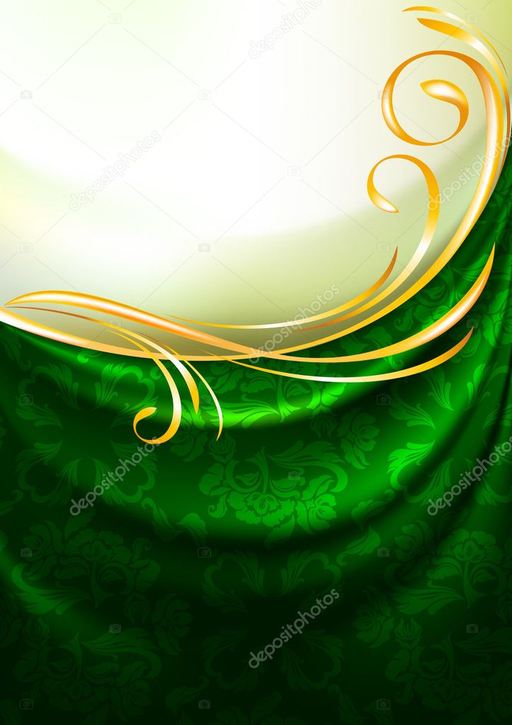 Green fabric drapes with ornament, background, Eps10, Gradient mesh