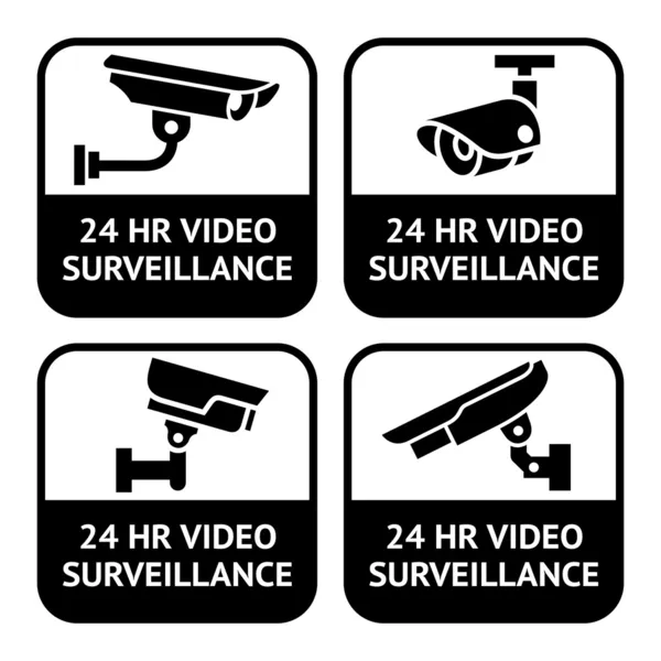 CCTV etiketleri, set simgesi güvenlik kamera piktogram — Stok Vektör