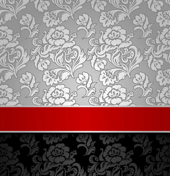 レッドリボンのシームレスな装飾の背景シルバー — ストックベクタ