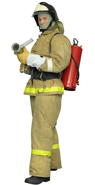 Brandweerman met een mist sproeier — Stockfoto