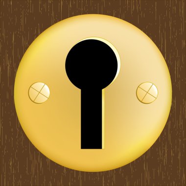 Door keyhole of golden metal on dark wooden door clipart