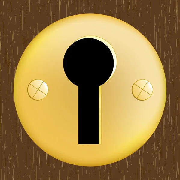 stock vector Door keyhole of golden metal on dark wooden door