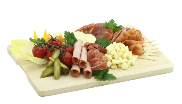 Meat delicatessen plate with cheese — Stock Photo, Image