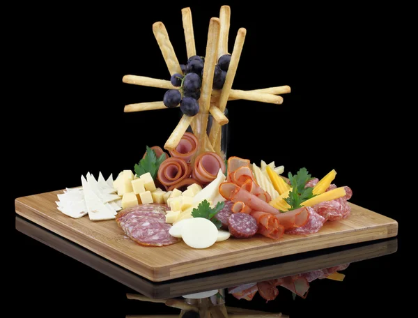 Meat delicatessen plate with cheese and grissini — Stock Photo, Image