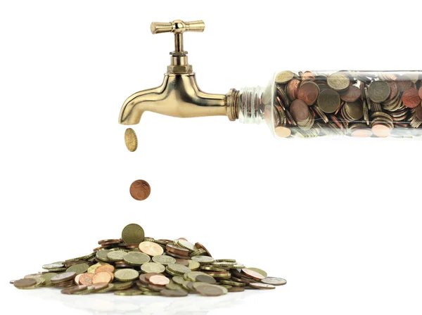 Money coins fall out of the golden tap — Stock Photo, Image