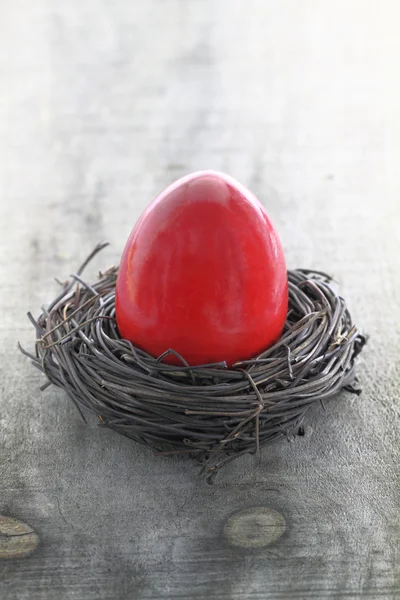 Huevo de Pascua rojo en el nido — Foto de Stock