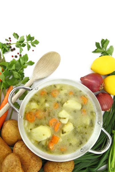 Sopa de legumes frescos em um pote com legumes misturados em torno dele — Fotografia de Stock