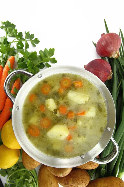 Sopa de legumes frescos em um pote com legumes misturados em torno dele — Fotografia de Stock