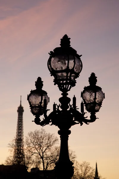 杜邦亚历山大三桥灯柱与巴黎埃菲尔铁塔 — 图库照片