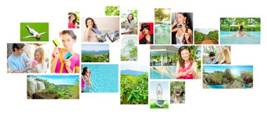 Set of colorful travel photos of nature, , landmarks and touristic related destinations isolated on white background clipart