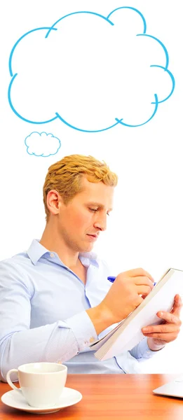 Närbild porträtt av en glad ung affärsman underteckna dokument. Tom cloud ballong overhead — Stockfoto