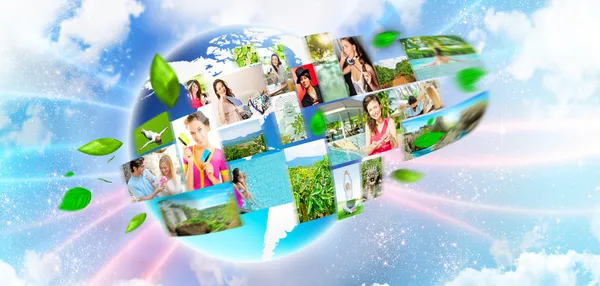 Collection of different portraits on earth. Global communicating concept — Stock Photo, Image