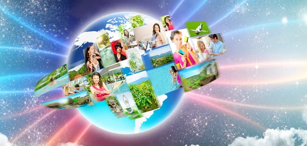 Collection of different portraits on earth. Global communicating concept — Stock Photo, Image