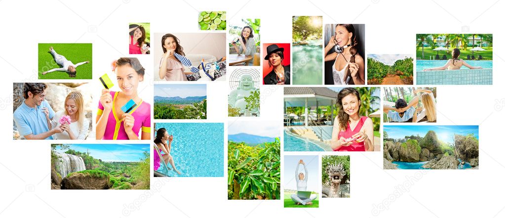 Set of colorful travel photos of nature, , landmarks and touristic related destinations isolated on white background