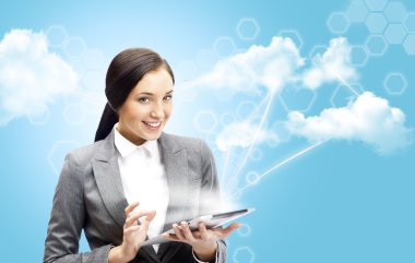 Cloud computing concept and business network. Businesswoman work clipart