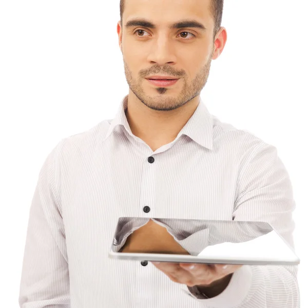 남자 보여주는 태블릿 컴퓨터와 흰색 찾기에 고립 된 미소 — 스톡 사진