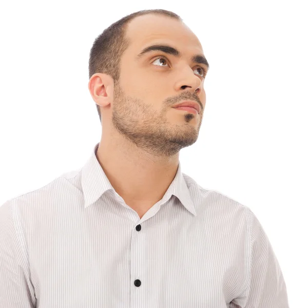 Thinking man isolated on white background. Closeup portrait of a — Stock Photo, Image