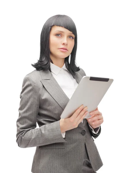 Γυναίκα των επιχειρήσεων εκμετάλλευσης υπολογιστή δισκίο που απομονώνονται σε λευκό backgro — Φωτογραφία Αρχείου