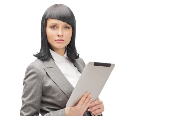 Donna d'affari che tiene computer tablet isolato su backgro bianco — Foto Stock