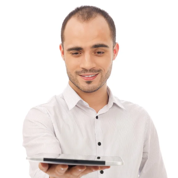 男子展示平板电脑和微笑隔离上白色黑色 — 图库照片