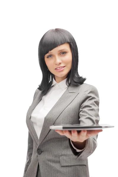 Biznes kobieta komputer tablet na białym tle na biały backgro — Zdjęcie stockowe
