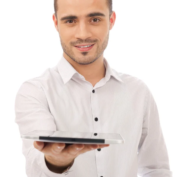 Υπολογιστή δισκίο δείχνει άνθρωπος και χαμογελαστός να απομονώνονται σε λευκό backg — Φωτογραφία Αρχείου