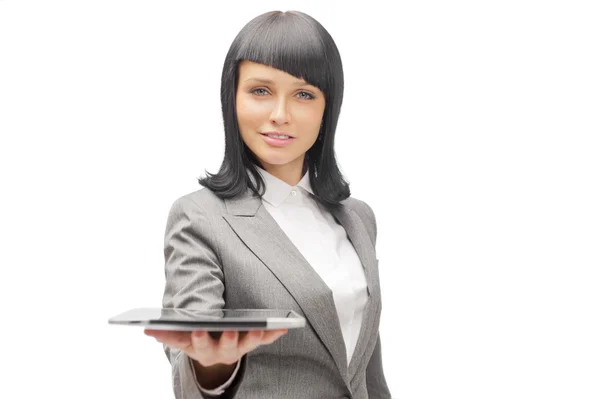 Tutan tablet bilgisayar üzerinde beyaz backgro izole iş kadın — Stok fotoğraf