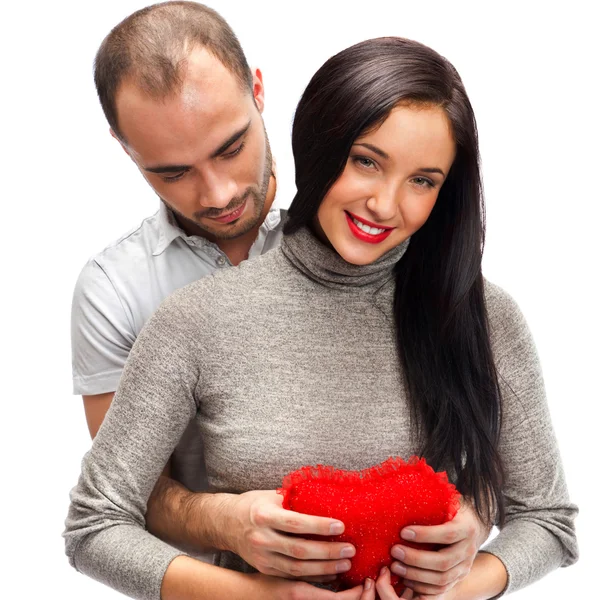 흰색 배경, emb에 붉은 마음으로 행복 한 젊은 성인 커플 — 스톡 사진
