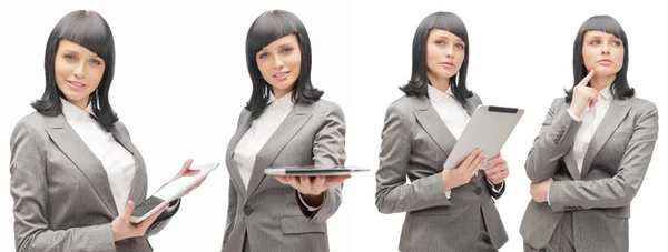 Tutan tablet bilgisayar üzerinde beyaz backgro izole iş kadın — Stok fotoğraf