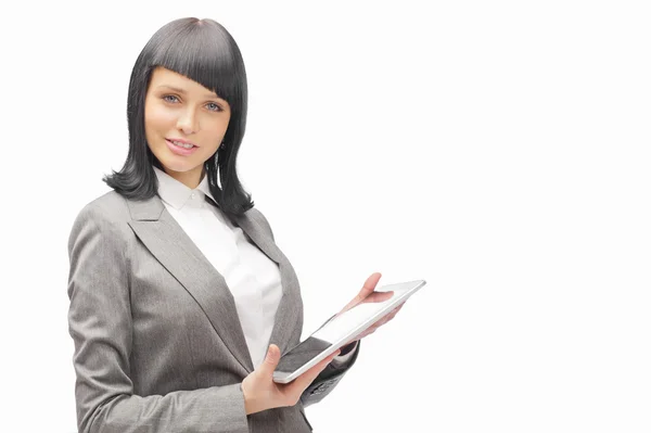 Geschäftsfrau hält Tablet-Computer isoliert auf weißem Rücken — Stockfoto