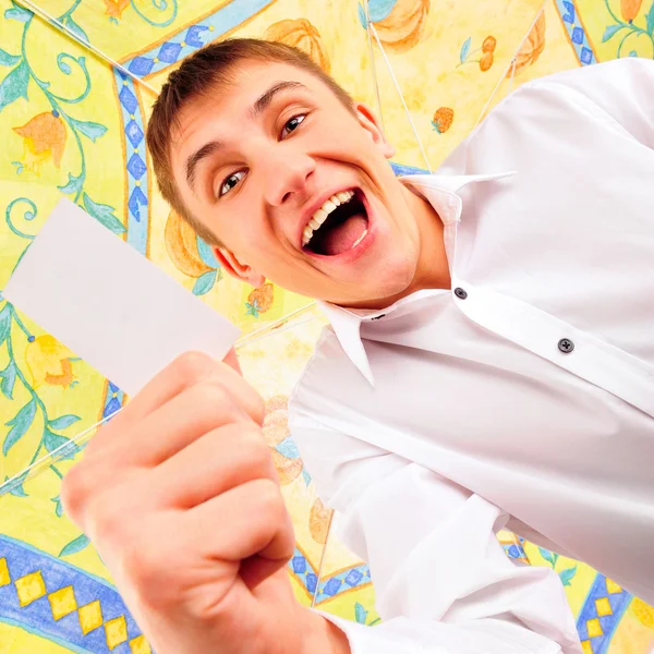 stock image Portrait of handsome relaxed office worker at his desk under umb