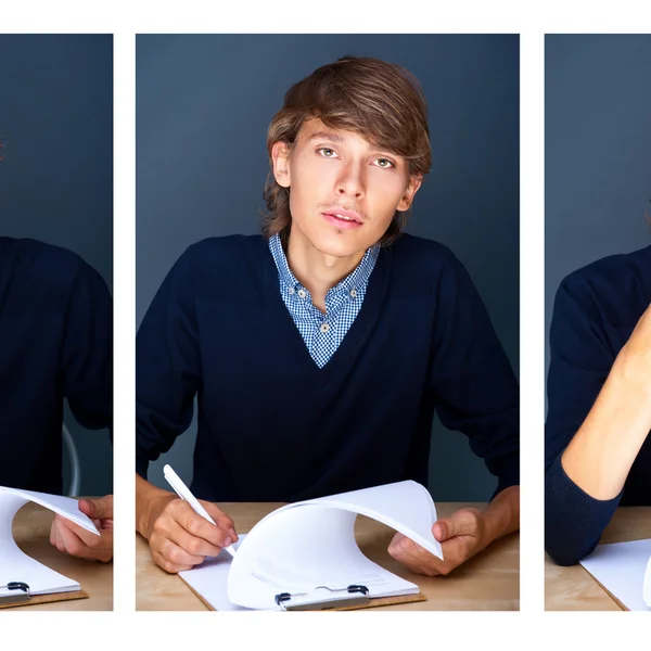 Collage av unga arbetsgivaren underteckna dokument under arbetsdagen — Stockfoto