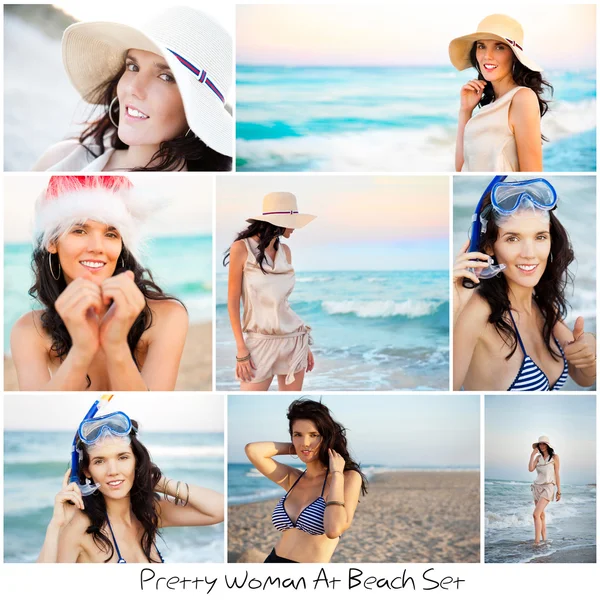 Satz von verschiedenen Fotos. junge hübsche Frau Lebensstil. Strandkorb — Stockfoto