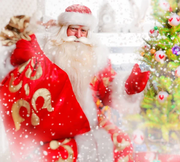 Santa na vánoční stromeček, poblíž ohniště a hledá Royalty Free Stock Fotografie
