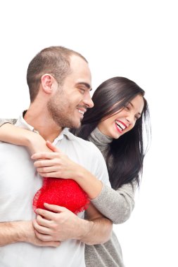 Happy young adult couple with red heart on white background, emb clipart