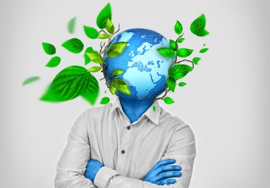 Man with earth enclosed and growing instead of his head clipart