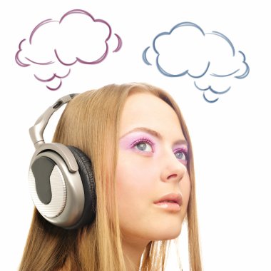 Closeup portrait of beautiful european woman with headphones, sh clipart