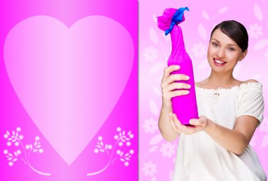 Portrait of young pretty woman holding bottle of prefect wine in clipart